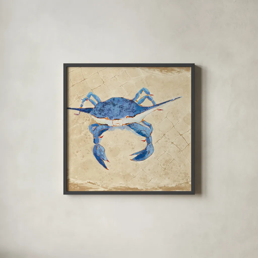 Blue Crab VI Neutral by Phyllis Adams. Shown in a sleek black glass frame for a contemporary gallery look. Available as an archival giclee rolled canvas, fine art paper, or poster print. SKU 27728a.