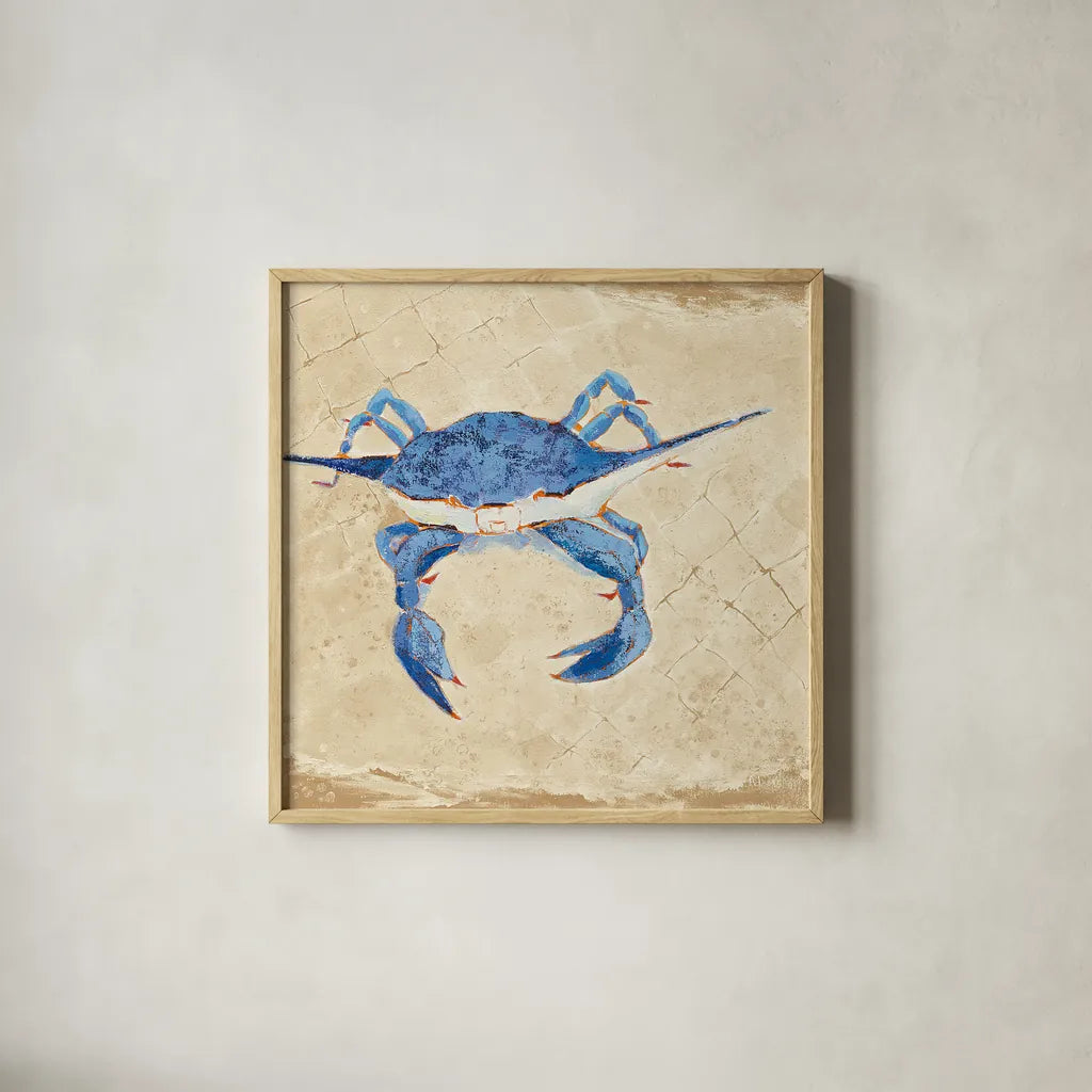 Blue Crab VI Neutral by Phyllis Adams. Shown in a natural wood glass frame for a timeless modern aesthetic. Available as an archival giclee rolled canvas, fine art paper, or poster print. SKU 27728a.