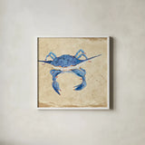 Blue Crab VI Neutral by Phyllis Adams. Shown in a crisp white glass frame for a clean and minimalist style. Available as an archival giclee rolled canvas, fine art paper, or poster print. SKU 27728a.