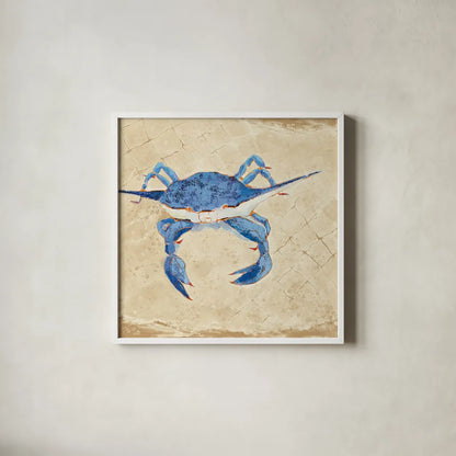 Blue Crab VI Neutral by Phyllis Adams. Shown in a crisp white glass frame for a clean and minimalist style. Available as an archival giclee rolled canvas, fine art paper, or poster print. SKU 27728a.