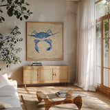 Blue Crab VI Neutral by Phyllis Adams. Shown in a natural wood frame in a cozy modern living room. Available as an archival giclee rolled canvas, fine art paper, or poster print. SKU 27728a.