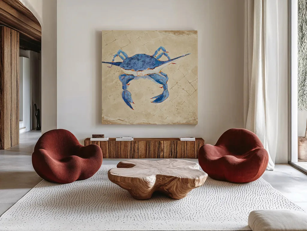 Blue Crab VI Neutral by Phyllis Adams. Shown as extra-large giant wall art in a modern living room. Available as an archival giclee rolled canvas, fine art paper, or poster print. SKU 27728a.