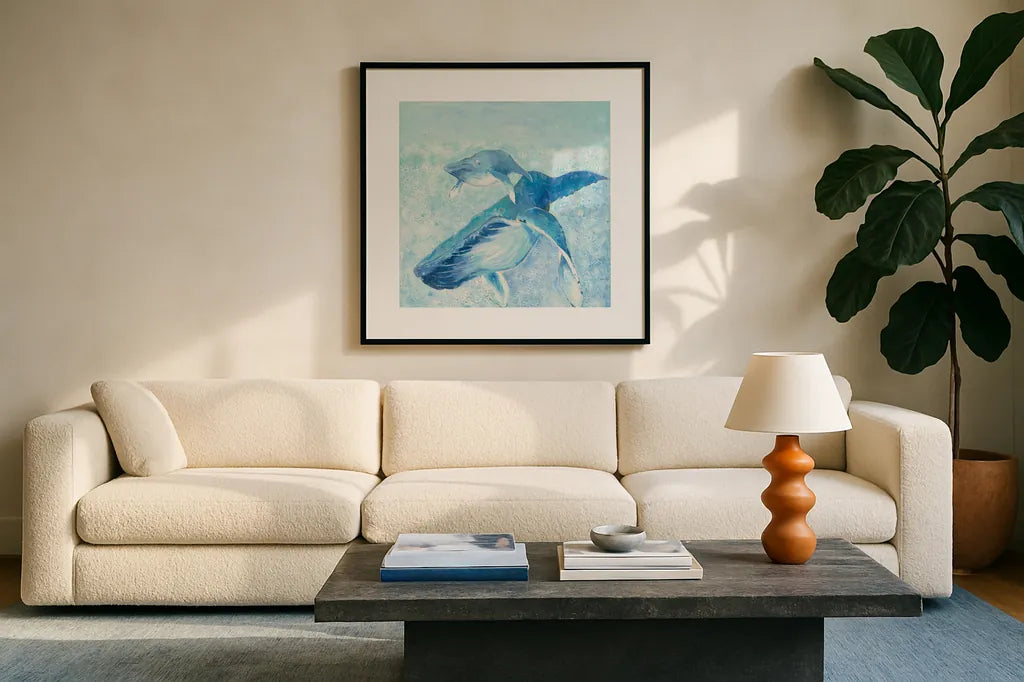 Blue Mama by Phyllis Adams. Displayed in a glass frame with matte in a clean modern living room. Available as an archival giclee rolled canvas, fine art paper, or poster print. SKU 27256a.
