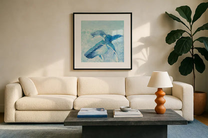 Blue Mama by Phyllis Adams. Displayed in a glass frame with matte in a clean modern living room. Available as an archival giclee rolled canvas, fine art paper, or poster print. SKU 27256a.