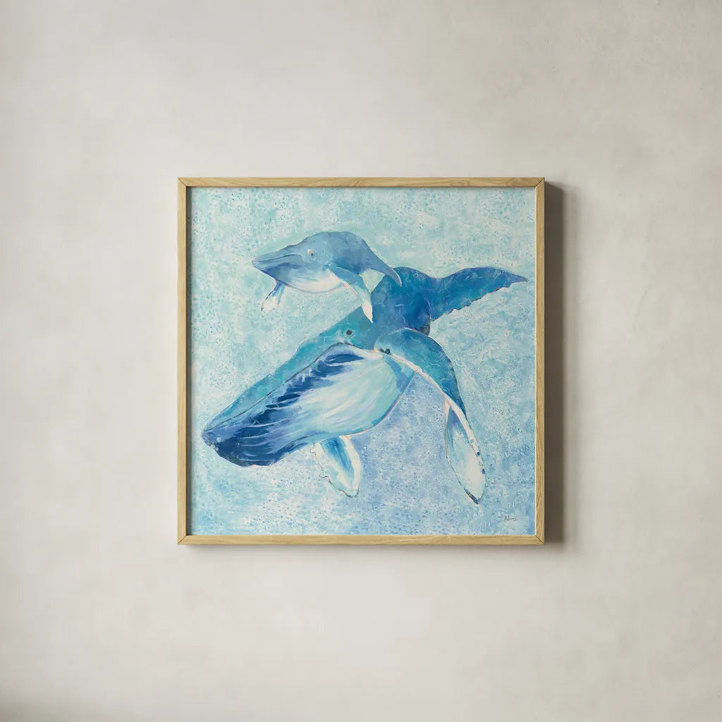 Blue Mama v2 by Phyllis Adams. Shown in a natural wood glass frame for a timeless modern aesthetic. Available as an archival giclee rolled canvas, fine art paper, or poster print. SKU 27639a.