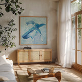 Blue Mama v2 by Phyllis Adams. Shown in a natural wood frame in a cozy modern living room. Available as an archival giclee rolled canvas, fine art paper, or poster print. SKU 27639a.