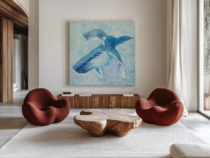 Blue Mama v2 by Phyllis Adams. Shown as extra-large giant wall art in a modern living room. Available as an archival giclee rolled canvas, fine art paper, or poster print. SKU 27639a.