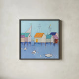 Boat House Row by Phyllis Adams. Shown in a sleek black glass frame for a contemporary gallery look. Available as an archival giclee rolled canvas, fine art paper, or poster print. SKU 27250a.