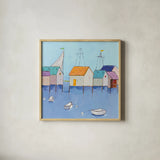Boat House Row by Phyllis Adams. Shown in a natural wood glass frame for a timeless modern aesthetic. Available as an archival giclee rolled canvas, fine art paper, or poster print. SKU 27250a.