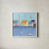 Boat House Row by Phyllis Adams. Shown in a crisp white glass frame for a clean and minimalist style. Available as an archival giclee rolled canvas, fine art paper, or poster print. SKU 27250a.