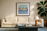 Boat House Row by Phyllis Adams. Displayed in a glass frame with matte in a clean modern living room. Available as an archival giclee rolled canvas, fine art paper, or poster print. SKU 27250a.