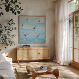 By the Waters Edge by Phyllis Adams. Shown in a natural wood frame in a cozy modern living room. Available as an archival giclee rolled canvas, fine art paper, or poster print. SKU 27236a.