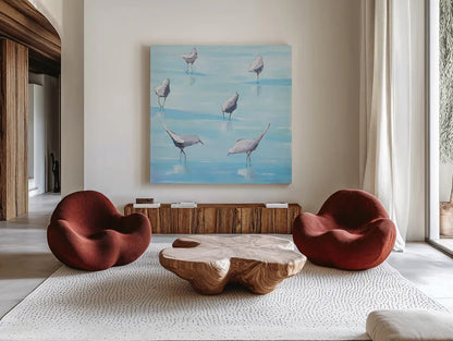 By the Waters Edge by Phyllis Adams. Shown as extra-large giant wall art in a modern living room. Available as an archival giclee rolled canvas, fine art paper, or poster print. SKU 27236a.