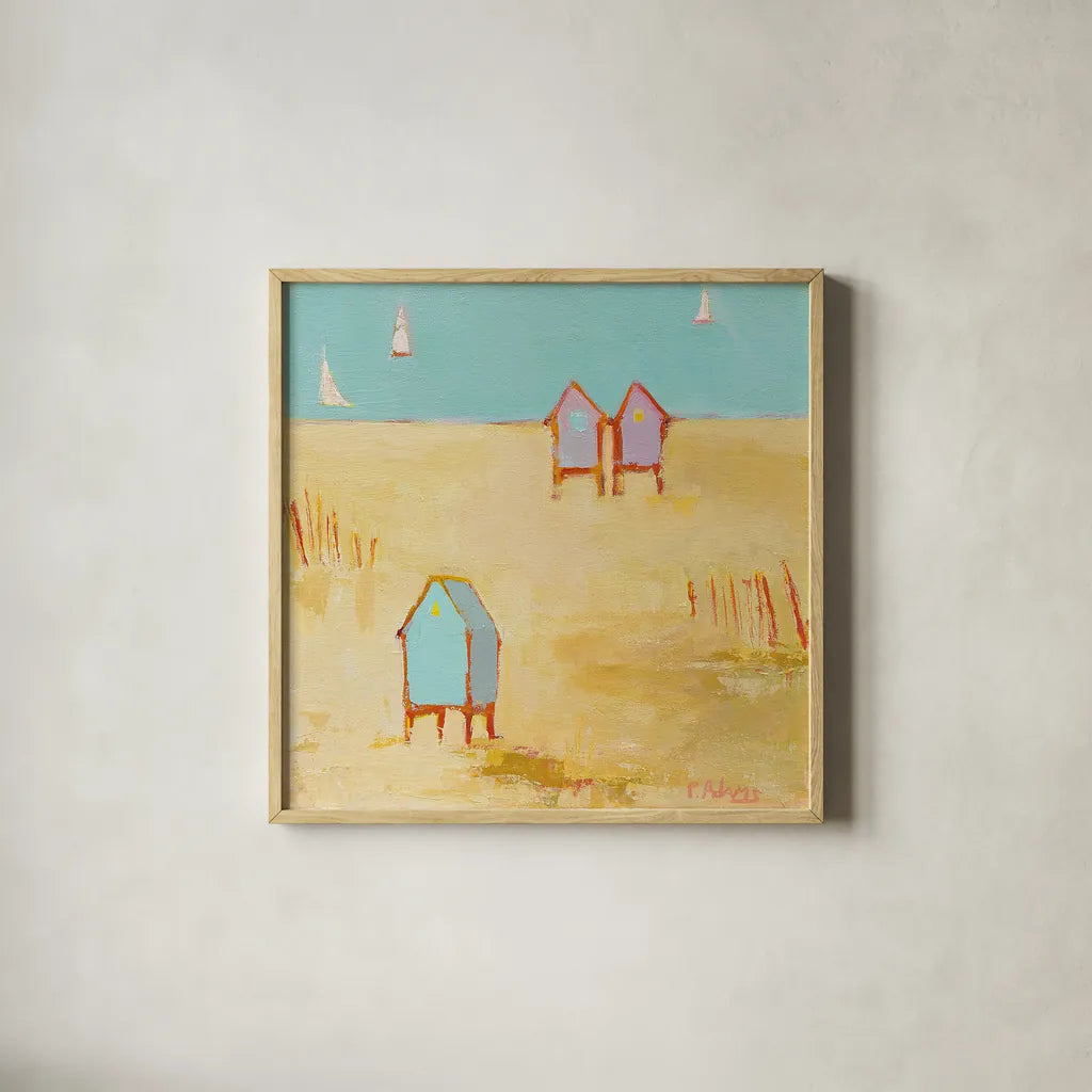 Cabanas by Phyllis Adams. Shown in a natural wood glass frame for a timeless modern aesthetic. Available as an archival giclee rolled canvas, fine art paper, or poster print. SKU 27248a.