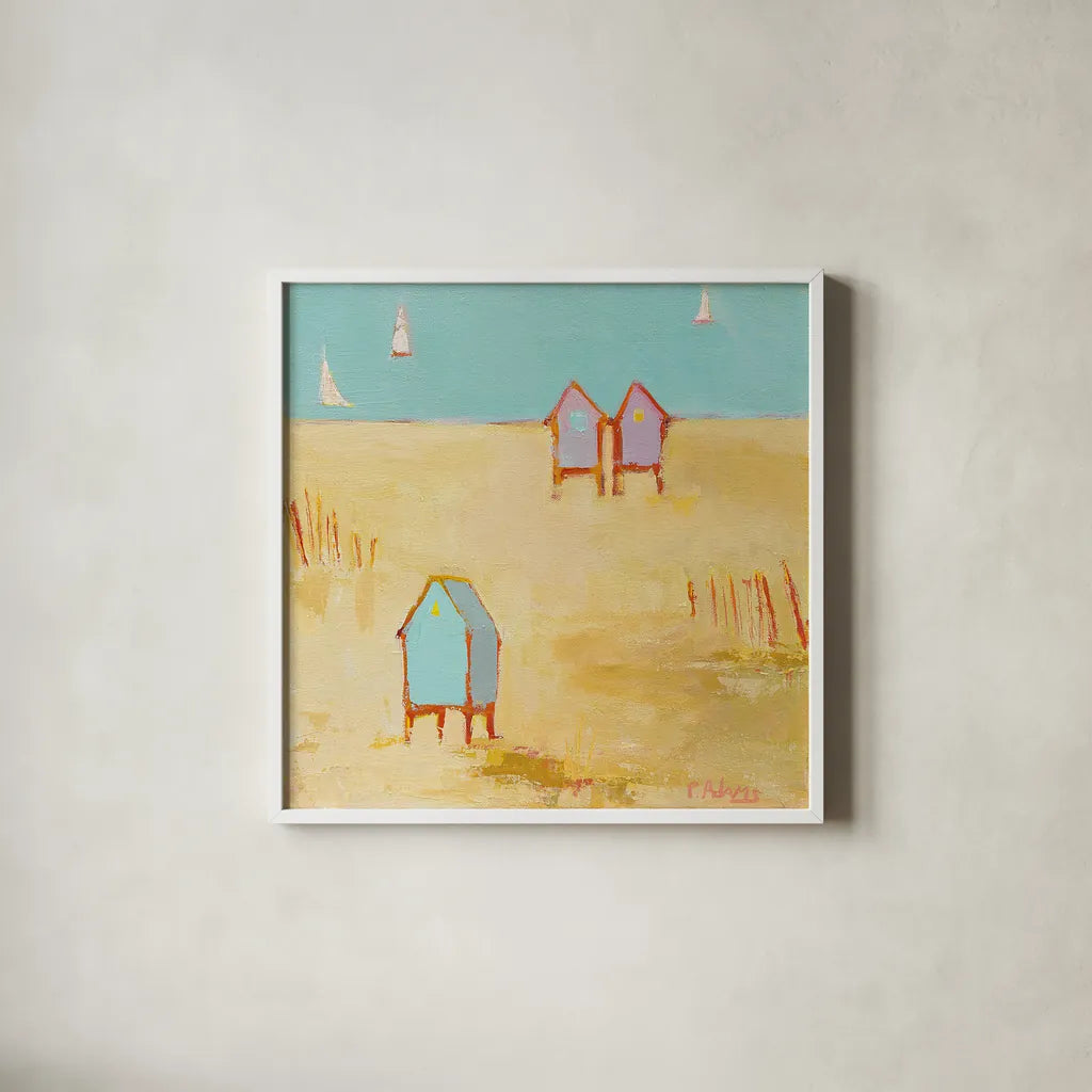 Cabanas by Phyllis Adams. Shown in a crisp white glass frame for a clean and minimalist style. Available as an archival giclee rolled canvas, fine art paper, or poster print. SKU 27248a.