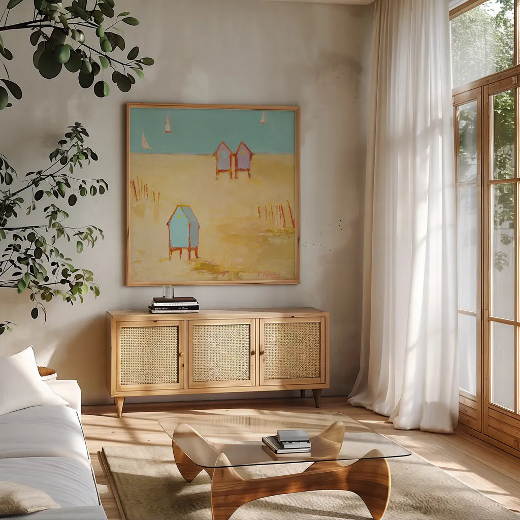 Cabanas by Phyllis Adams. Shown in a natural wood frame in a cozy modern living room. Available as an archival giclee rolled canvas, fine art paper, or poster print. SKU 27248a.