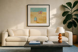 Cabanas by Phyllis Adams. Displayed in a glass frame with matte in a clean modern living room. Available as an archival giclee rolled canvas, fine art paper, or poster print. SKU 27248a.