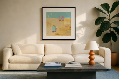 Cabanas by Phyllis Adams. Displayed in a glass frame with matte in a clean modern living room. Available as an archival giclee rolled canvas, fine art paper, or poster print. SKU 27248a.