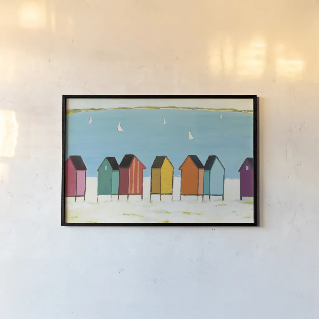 Cabanas I by Phyllis Adams. shown as a paper print in a black flame. Available as a archival giclee rolled canvas, fine art paper, or poster print. SKU 37284i.