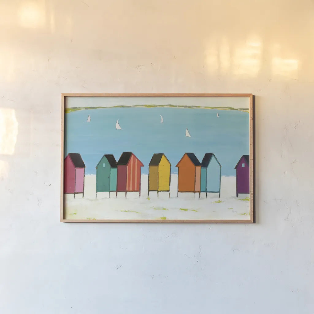 Cabanas I by Phyllis Adams. shown as a paper print in a natural frame. Available as a archival giclee rolled canvas, fine art paper, or poster print. SKU 37284i.