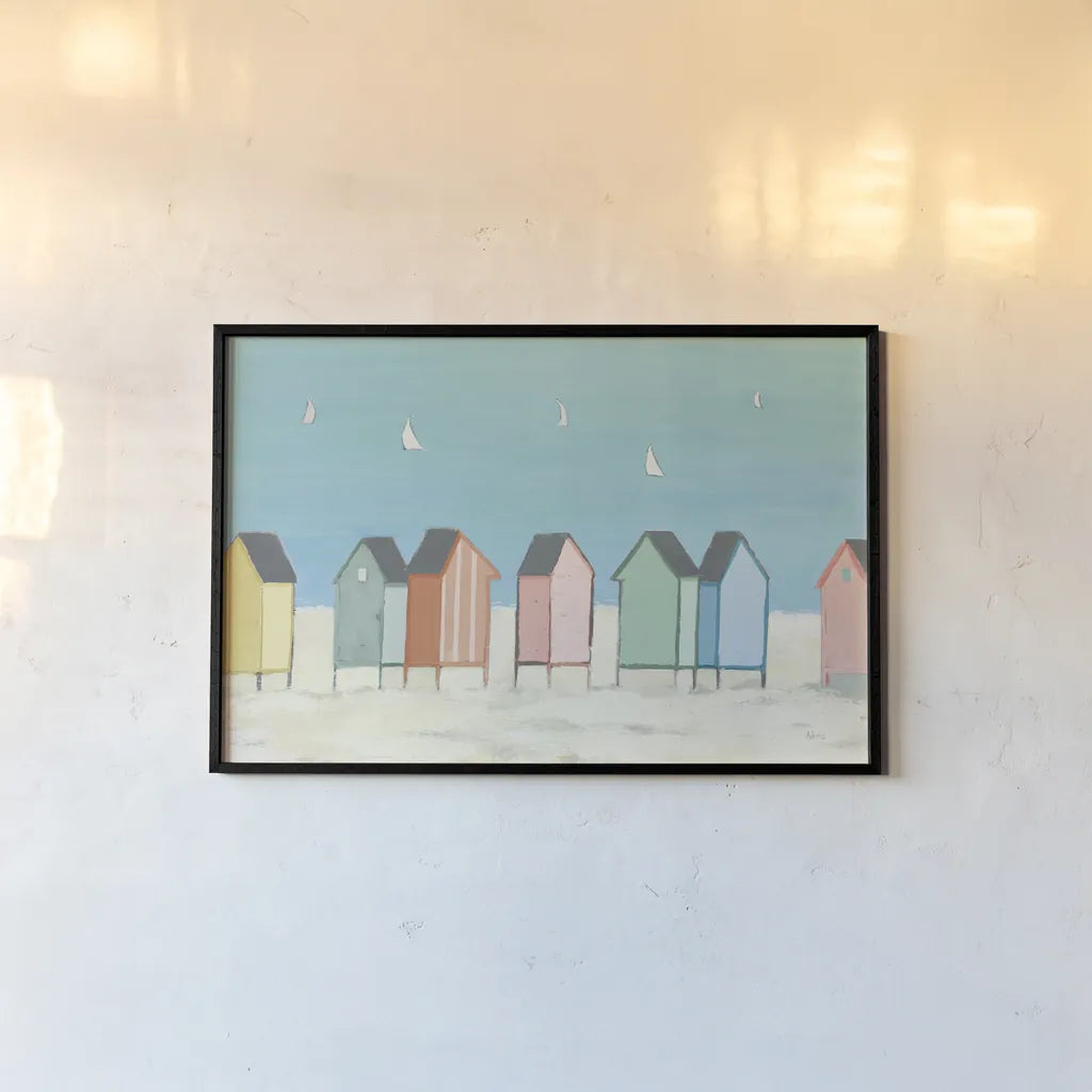 Cabanas I Pastel by Phyllis Adams. shown as a paper print in a black flame. Available as a archival giclee rolled canvas, fine art paper, or poster print. SKU 37704i.