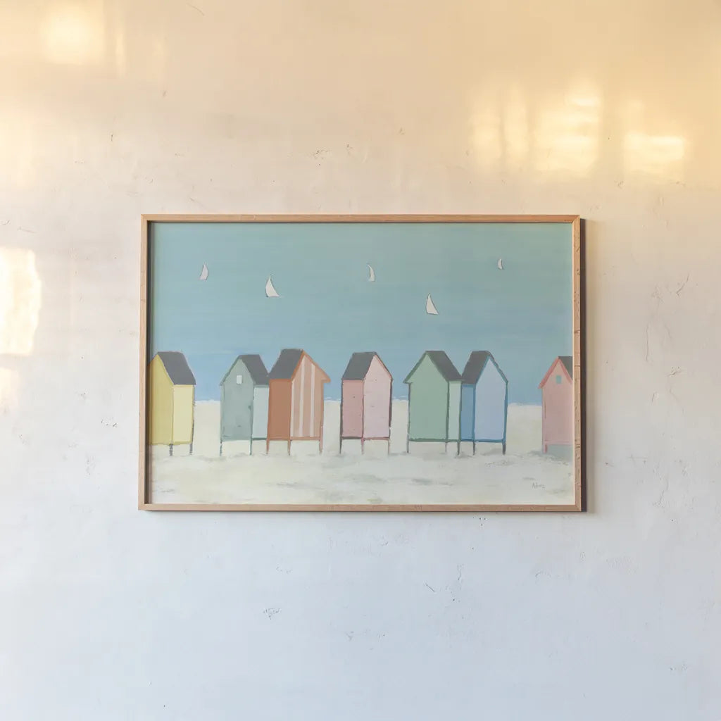 Cabanas I Pastel by Phyllis Adams. shown as a paper print in a natural frame. Available as a archival giclee rolled canvas, fine art paper, or poster print. SKU 37704i.