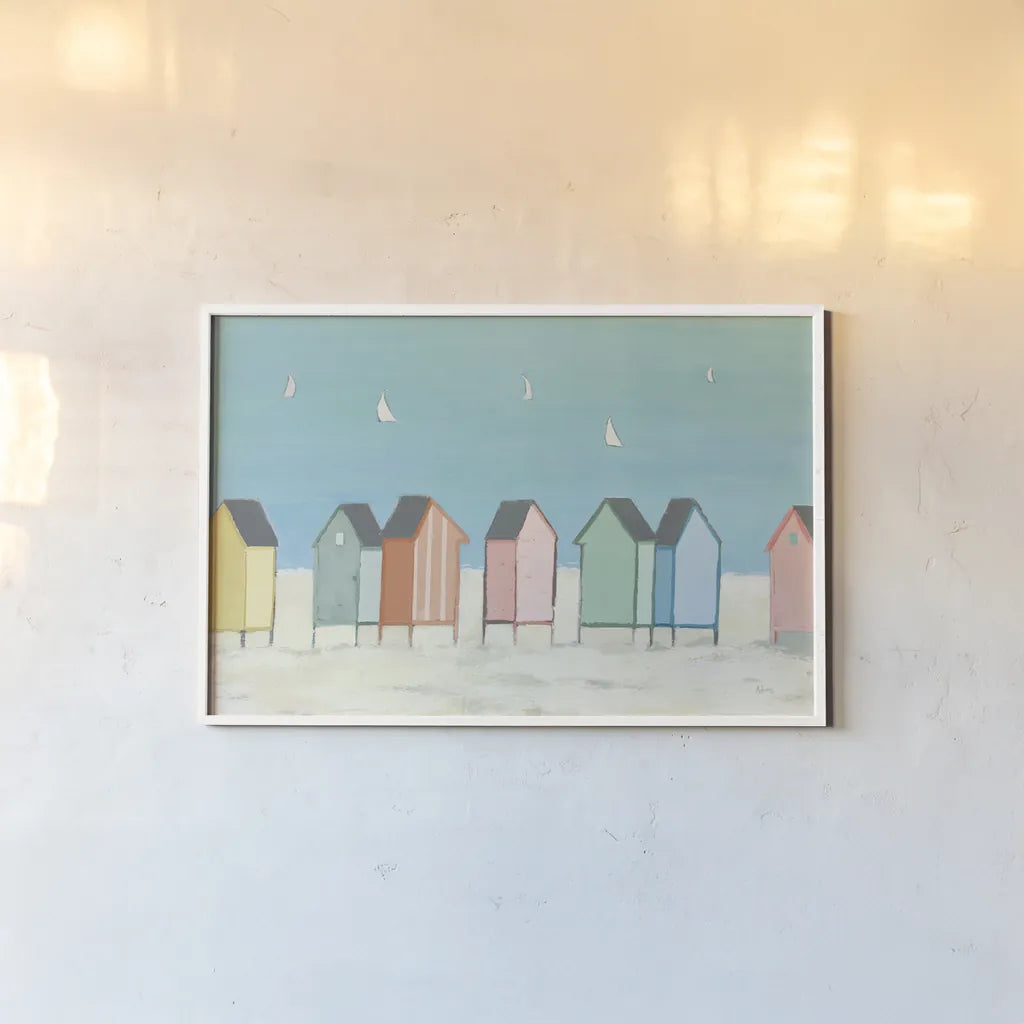 Cabanas I Pastel by Phyllis Adams. shown as a paper print in a white frame. Available as a archival giclee rolled canvas, fine art paper, or poster print. SKU 37704i.