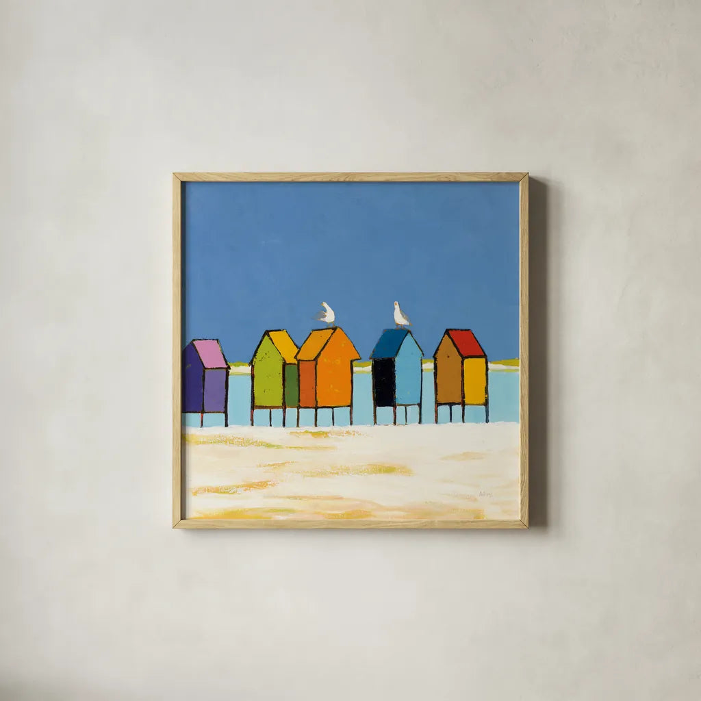 Cabanas II by Phyllis Adams. Shown in a natural wood glass frame for a timeless modern aesthetic. Available as an archival giclee rolled canvas, fine art paper, or poster print. SKU 37285a.