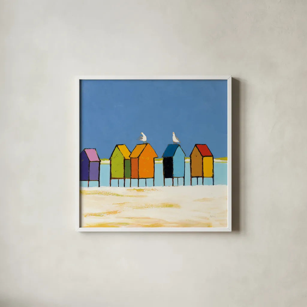 Cabanas II by Phyllis Adams. Shown in a crisp white glass frame for a clean and minimalist style. Available as an archival giclee rolled canvas, fine art paper, or poster print. SKU 37285a.