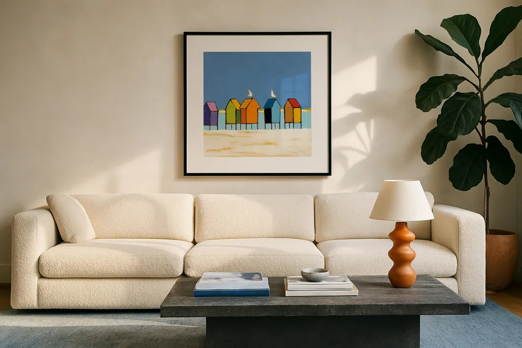 Cabanas II by Phyllis Adams. Displayed in a glass frame with matte in a clean modern living room. Available as an archival giclee rolled canvas, fine art paper, or poster print. SKU 37285a.
