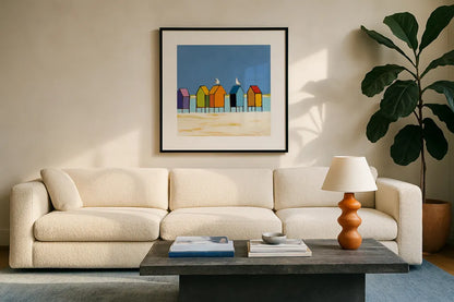 Cabanas II by Phyllis Adams. Displayed in a glass frame with matte in a clean modern living room. Available as an archival giclee rolled canvas, fine art paper, or poster print. SKU 37285a.