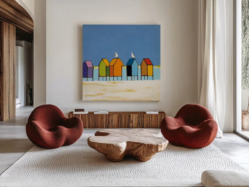 Cabanas II by Phyllis Adams. Shown as extra-large giant wall art in a modern living room. Available as an archival giclee rolled canvas, fine art paper, or poster print. SKU 37285a.