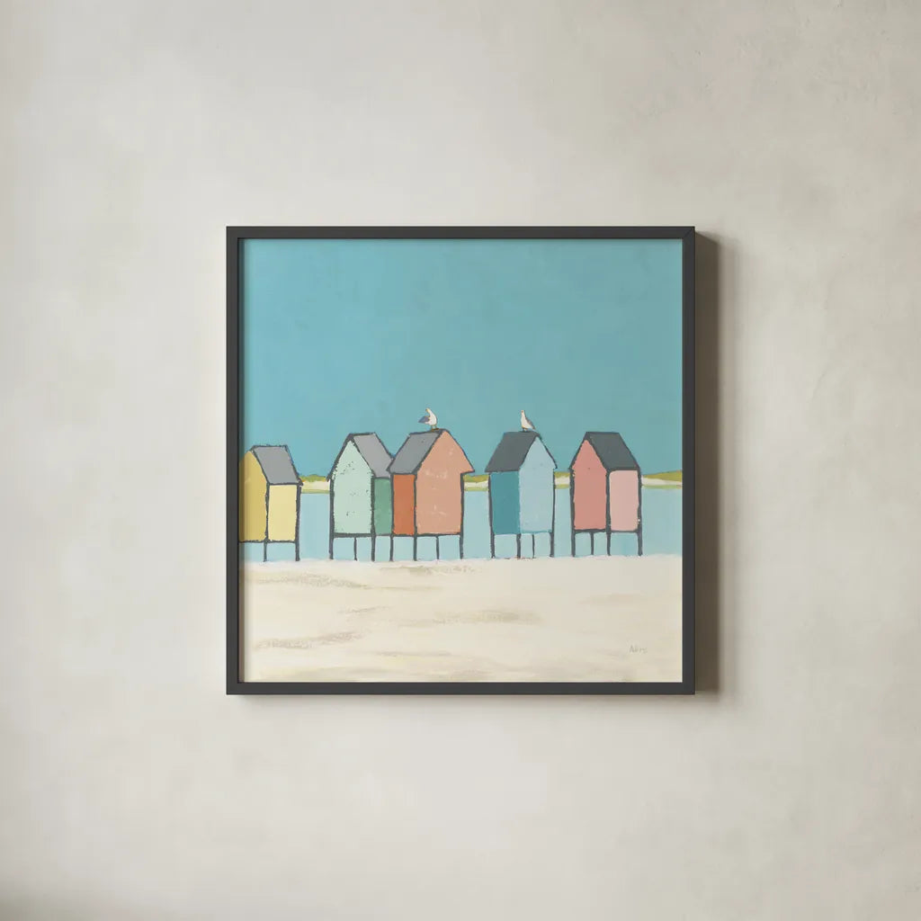 Cabanas II Pastel by Phyllis Adams. Shown in a sleek black glass frame for a contemporary gallery look. Available as an archival giclee rolled canvas, fine art paper, or poster print. SKU 37705a.