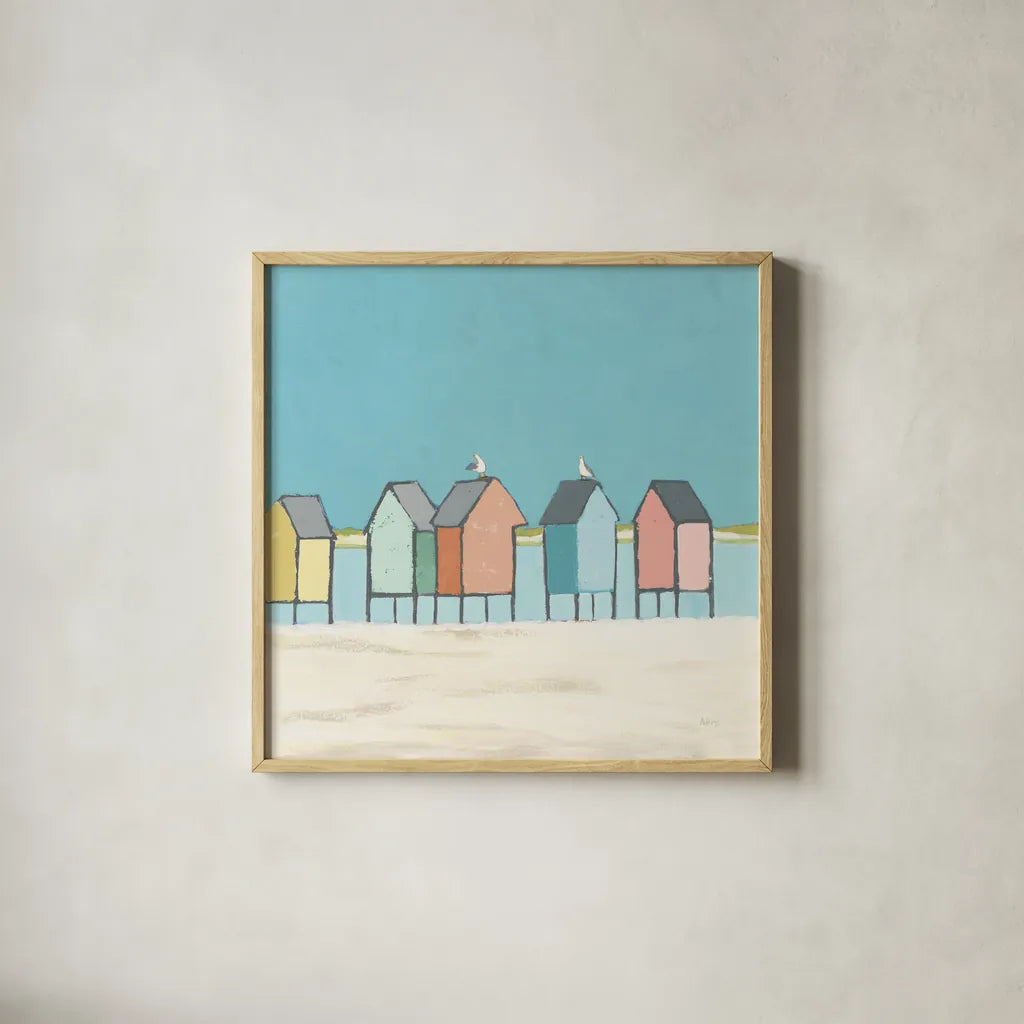 Cabanas II Pastel by Phyllis Adams. Shown in a natural wood glass frame for a timeless modern aesthetic. Available as an archival giclee rolled canvas, fine art paper, or poster print. SKU 37705a.