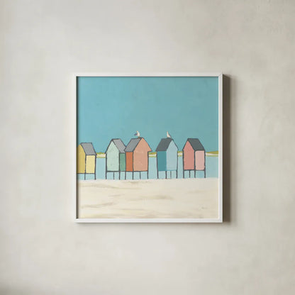 Cabanas II Pastel by Phyllis Adams. Shown in a crisp white glass frame for a clean and minimalist style. Available as an archival giclee rolled canvas, fine art paper, or poster print. SKU 37705a.