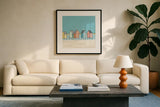 Cabanas II Pastel by Phyllis Adams. Displayed in a glass frame with matte in a clean modern living room. Available as an archival giclee rolled canvas, fine art paper, or poster print. SKU 37705a.