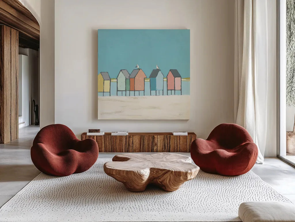 Cabanas II Pastel by Phyllis Adams. Shown as extra-large giant wall art in a modern living room. Available as an archival giclee rolled canvas, fine art paper, or poster print. SKU 37705a.