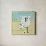 Colorful Sheep by Phyllis Adams. Shown in a natural wood glass frame for a timeless modern aesthetic. Available as an archival giclee rolled canvas, fine art paper, or poster print. SKU 61809a.
