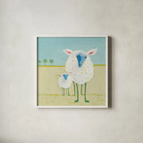Colorful Sheep by Phyllis Adams. Shown in a crisp white glass frame for a clean and minimalist style. Available as an archival giclee rolled canvas, fine art paper, or poster print. SKU 61809a.