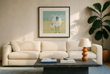 Colorful Sheep by Phyllis Adams. Displayed in a glass frame with matte in a clean modern living room. Available as an archival giclee rolled canvas, fine art paper, or poster print. SKU 61809a.