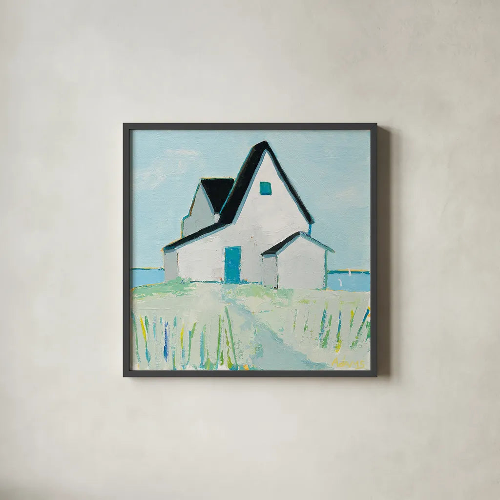 Cottage by the Sea by Phyllis Adams. Shown in a sleek black glass frame for a contemporary gallery look. Available as an archival giclee rolled canvas, fine art paper, or poster print. SKU 27247a.