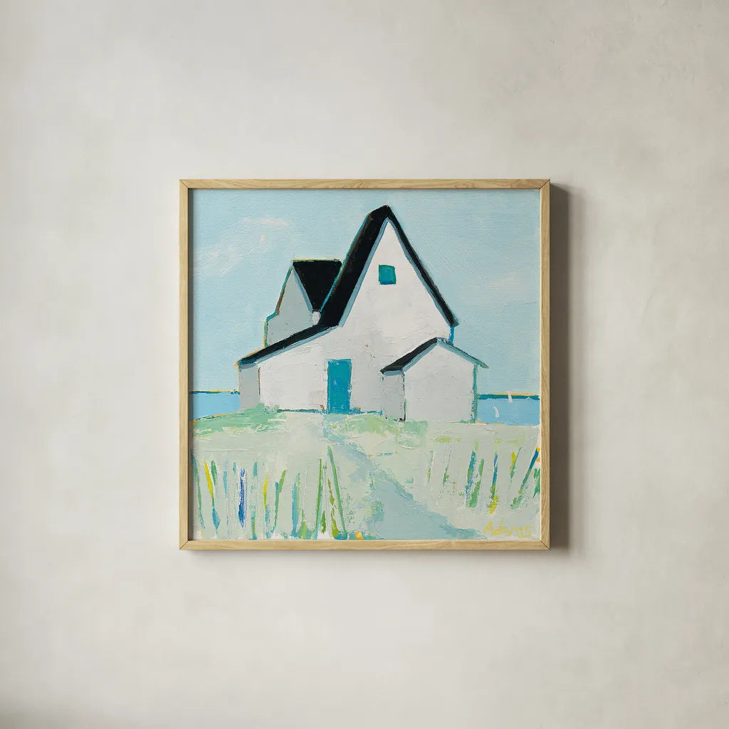 Cottage by the Sea by Phyllis Adams. Shown in a natural wood glass frame for a timeless modern aesthetic. Available as an archival giclee rolled canvas, fine art paper, or poster print. SKU 27247a.
