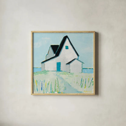 Cottage by the Sea by Phyllis Adams. Shown in a natural wood glass frame for a timeless modern aesthetic. Available as an archival giclee rolled canvas, fine art paper, or poster print. SKU 27247a.