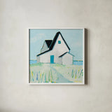 Cottage by the Sea by Phyllis Adams. Shown in a crisp white glass frame for a clean and minimalist style. Available as an archival giclee rolled canvas, fine art paper, or poster print. SKU 27247a.