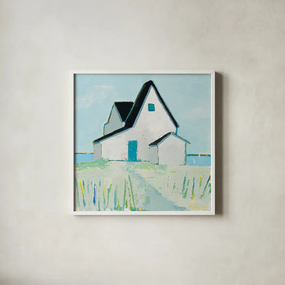 Cottage by the Sea by Phyllis Adams. Shown in a crisp white glass frame for a clean and minimalist style. Available as an archival giclee rolled canvas, fine art paper, or poster print. SKU 27247a.