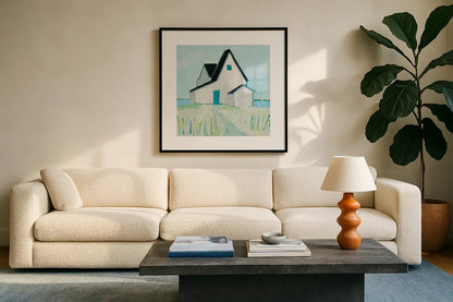 Cottage by the Sea by Phyllis Adams. Displayed in a glass frame with matte in a clean modern living room. Available as an archival giclee rolled canvas, fine art paper, or poster print. SKU 27247a.