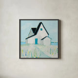 Cottage by the Sea Neutral by Phyllis Adams. Shown in a sleek black glass frame for a contemporary gallery look. Available as an archival giclee rolled canvas, fine art paper, or poster print. SKU 54344a.