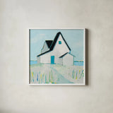 Cottage by the Sea Neutral by Phyllis Adams. Shown in a crisp white glass frame for a clean and minimalist style. Available as an archival giclee rolled canvas, fine art paper, or poster print. SKU 54344a.