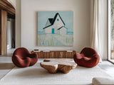 Cottage by the Sea Neutral by Phyllis Adams. Shown as extra-large giant wall art in a modern living room. Available as an archival giclee rolled canvas, fine art paper, or poster print. SKU 54344a.