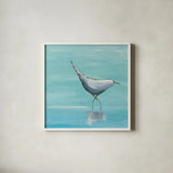 Egret I by Phyllis Adams. Shown in a crisp white glass frame for a clean and minimalist style. Available as an archival giclee rolled canvas, fine art paper, or poster print. SKU 27238a.